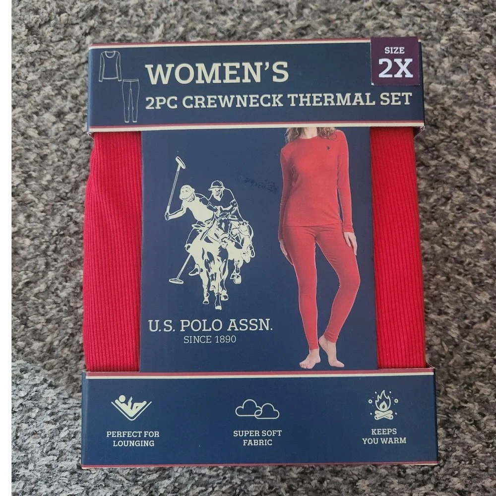US Polo Assn Womens 2PC Crewneck Thermal Set Red Plus Size 2X New
